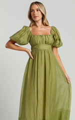 Roshina Midi Dress – Olive Straight Neck Puff Sleeve Dress