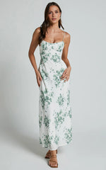 Bettina Midi Dress – Green & White Printed Slip Dress with Ruched Bust & Strappy Detail