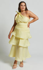 Eugenia Midi Dress – Yellow One-Shoulder Layered Fit & Flare Dress