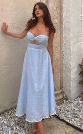Twist Strapless Cocktail Midi Dress in Ice Blue