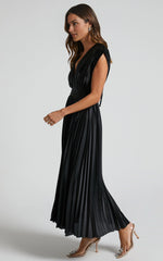Della Midi Dress – Black Plunging Neckline Pleated Dress with Short Sleeves