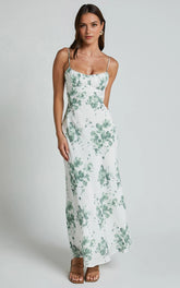 Bettina Midi Dress – Green & White Printed Slip Dress with Ruched Bust & Strappy Detail