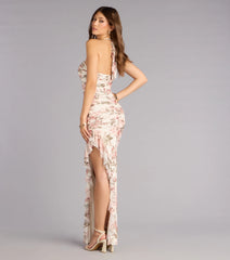 Josephine Floral Mesh Ruffled Slit Formal Dress