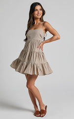 Lorelle Mini Dress – Brown Gingham Tiered Sleeveless Dress with Straight Neckline