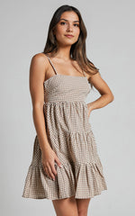 Lorelle Mini Dress – Brown Gingham Tiered Sleeveless Dress with Straight Neckline