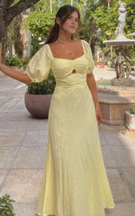 Vynna Midi Dress – Butter Yellow Puff Sleeve A-Line Dress with Ruched Bust & Scoop Neck