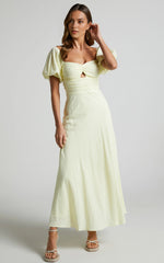 Vynna Midi Dress – Butter Yellow Puff Sleeve A-Line Dress with Ruched Bust & Scoop Neck