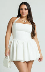 Helda Mini Dress – Halter Tie-Neck Corset Detail Dress in White