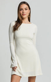 Flared Long Sleeve A-Line Mini Dress in Off White