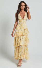 Floral Tiered Midi Dress - V-Neck Sleeveless Party Dress in Yellow