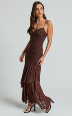 Harlene Maxi Dress – Chocolate Mesh Ruched Frill Hem Gown with V-Neckline