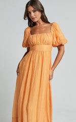 Roshina Midi Dress โ Puff Sleeve Straight Neck Dress in Vibrant Orange