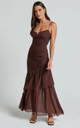 Harlene Maxi Dress – Chocolate Mesh Ruched Frill Hem Gown with V-Neckline