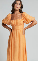 Roshina Midi Dress โ Puff Sleeve Straight Neck Dress in Vibrant Orange