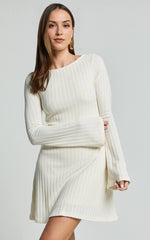 Flared Long Sleeve A-Line Mini Dress in Off White