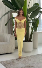 Off Shoulder Lace Cutout Maxi Dress in Yellow