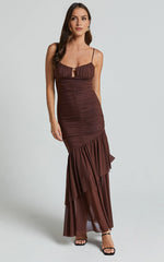 Harlene Maxi Dress – Chocolate Mesh Ruched Frill Hem Gown with V-Neckline