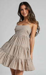 Lorelle Mini Dress – Brown Gingham Tiered Sleeveless Dress with Straight Neckline