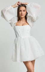 Long Puff Sleeve Pearl Detail Mini Dress in White