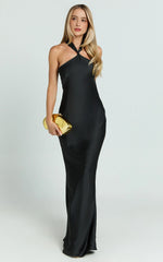 Runaway The Label – Chara Halter Neck Satin Evening Gown in Black