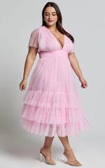 Flutter Sleeve Tulle Plunge Midi Dress in Ballet Pink