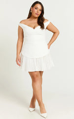 Izara Mini Dress - Off Shoulder Pleated Dress in Off White