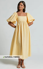 Cenia Midi Dress - Linen Straight Neck Shirred Back Puff Sleeve Dress in Lemon