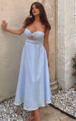 Twist Strapless Cocktail Midi Dress in Ice Blue
