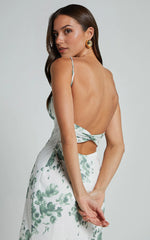 Bettina Midi Dress – Green & White Printed Slip Dress with Ruched Bust & Strappy Detail