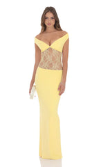 Off Shoulder Lace Cutout Maxi Dress in Yellow