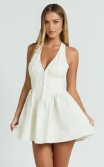 Halterneck Corset Waist Mini Dress with Gathered Skirt in Cream