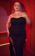 Panelled Thigh Split Strapless Maxi Dress in Black