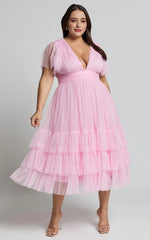 Flutter Sleeve Tulle Plunge Midi Dress in Ballet Pink