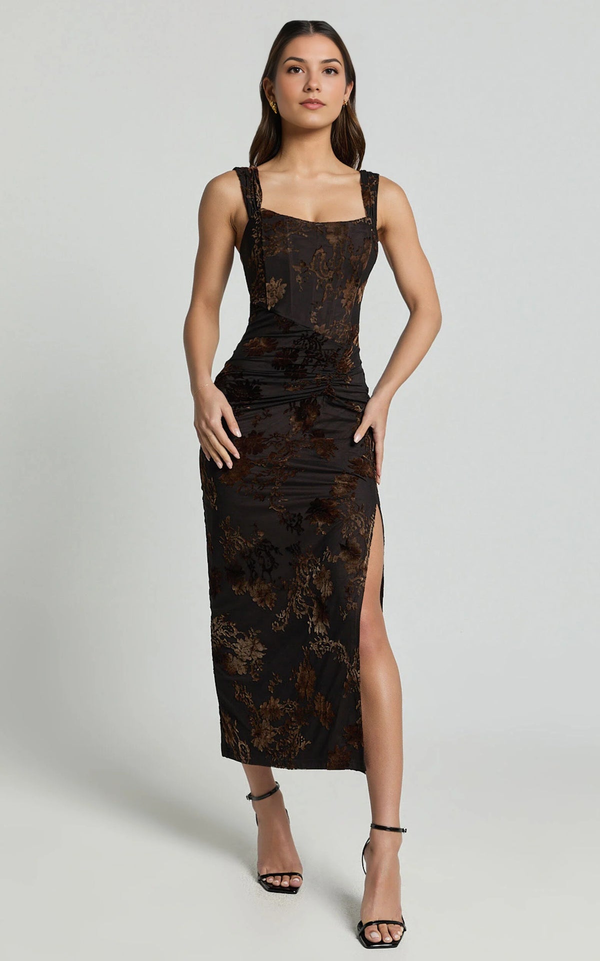 Ruched Corset Burnout Midi Dress in Black and Brown
