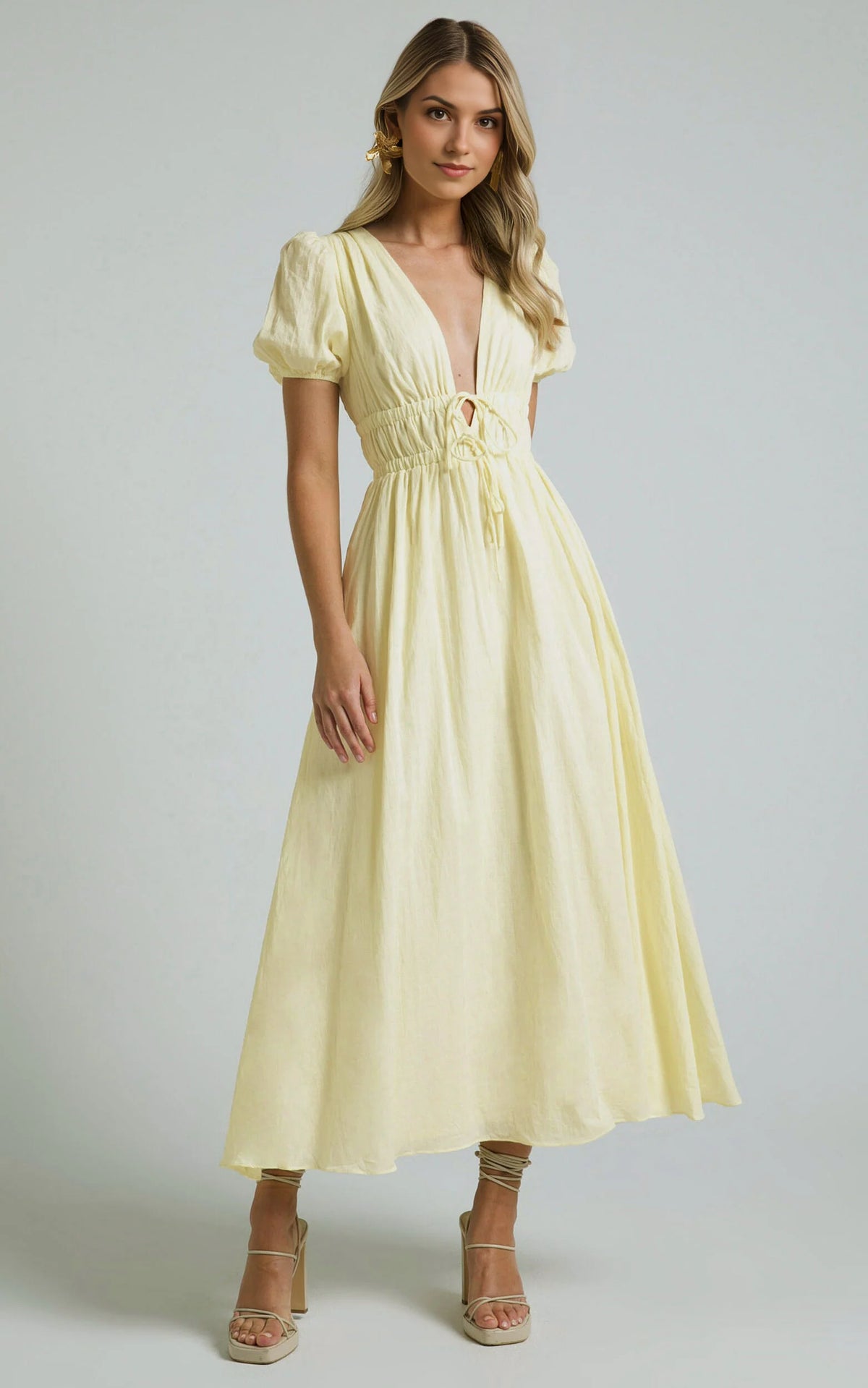 Portofino Midi Dress – Yellow V-Neck Puff Sleeve Midi for Effortless Daytime Style