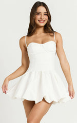 Textured Drop Waist Bubble Hem Mini Dress in Off White
