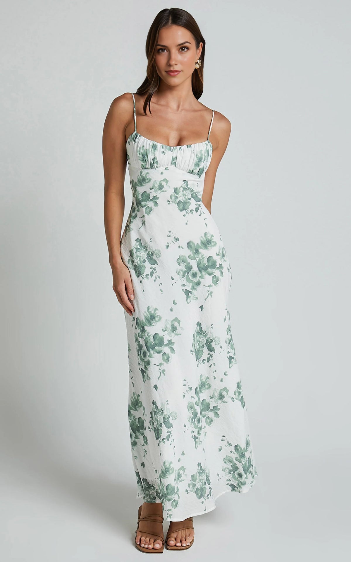 Bettina Midi Dress – Green & White Printed Slip Dress with Ruched Bust & Strappy Detail