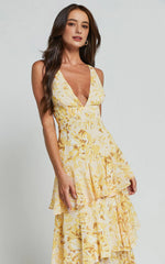 Floral Tiered Midi Dress - V-Neck Sleeveless Party Dress in Yellow