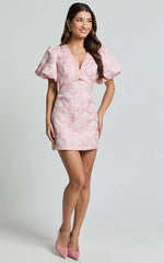 Diana Mini Dress - Jacquard Short Sleeve Cut Out Dress in Light Pink