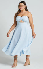 Twist Strapless Cocktail Midi Dress in Ice Blue