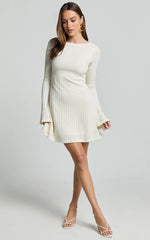 Flared Long Sleeve A-Line Mini Dress in Off White