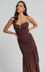 Harlene Maxi Dress – Chocolate Mesh Ruched Frill Hem Gown with V-Neckline
