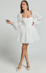 Long Puff Sleeve Pearl Detail Mini Dress in White