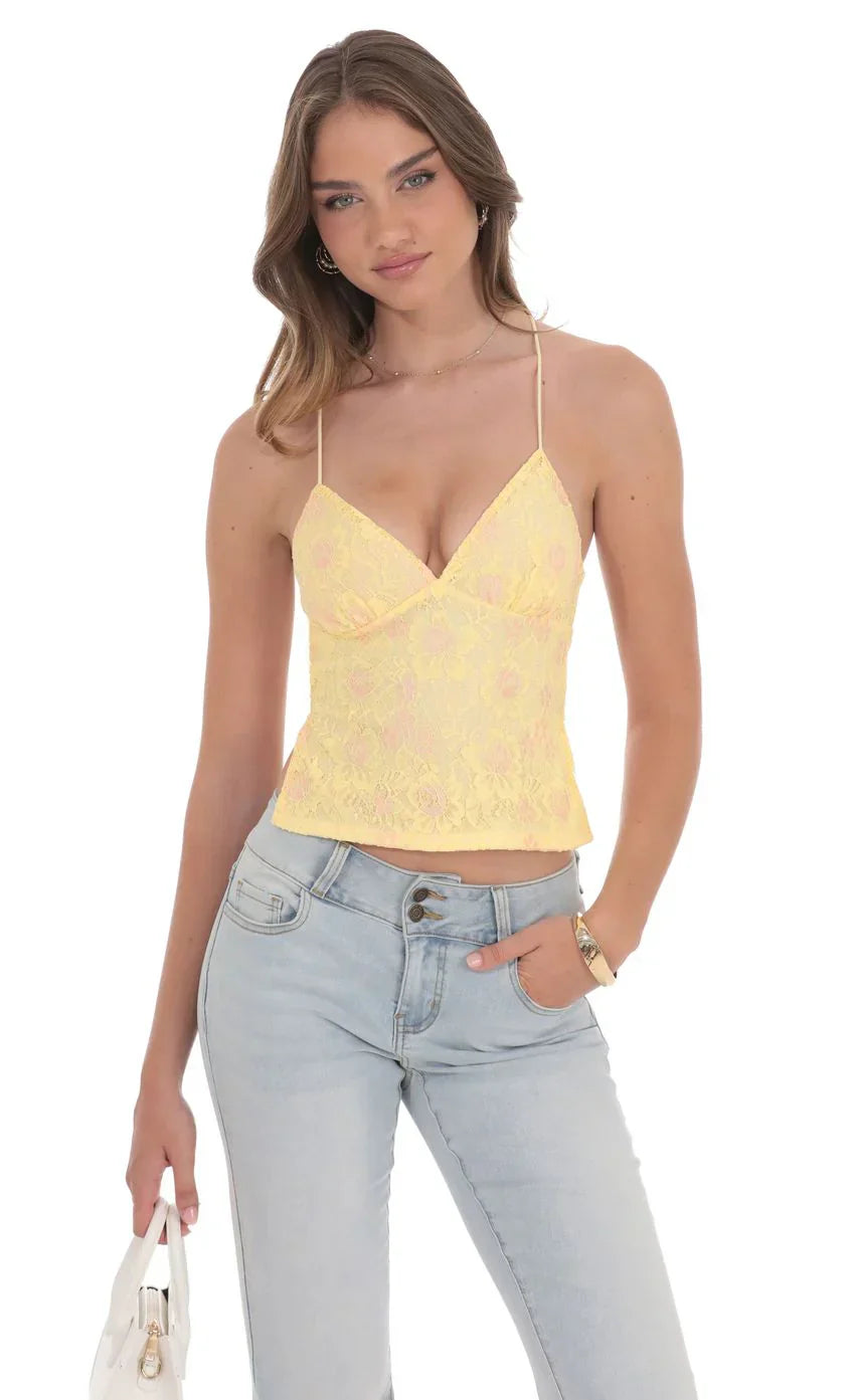 Open Back Lace Top in Yellow