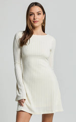 Flared Long Sleeve A-Line Mini Dress in Off White