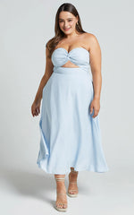 Twist Strapless Cocktail Midi Dress in Ice Blue