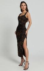 Ruched Corset Burnout Midi Dress in Black and Brown