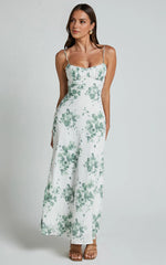 Bettina Midi Dress – Green & White Printed Slip Dress with Ruched Bust & Strappy Detail