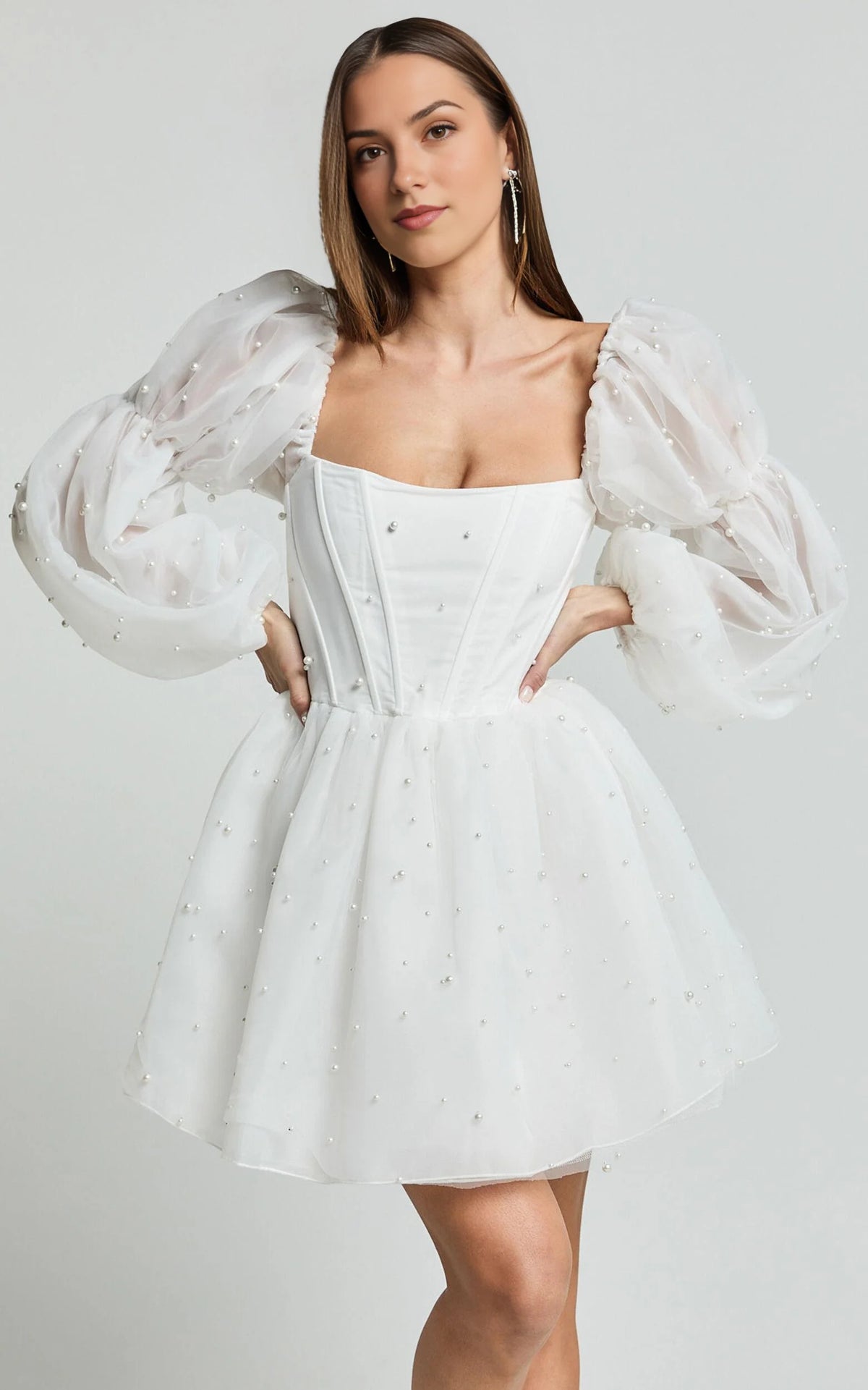 Long Puff Sleeve Pearl Detail Mini Dress in White