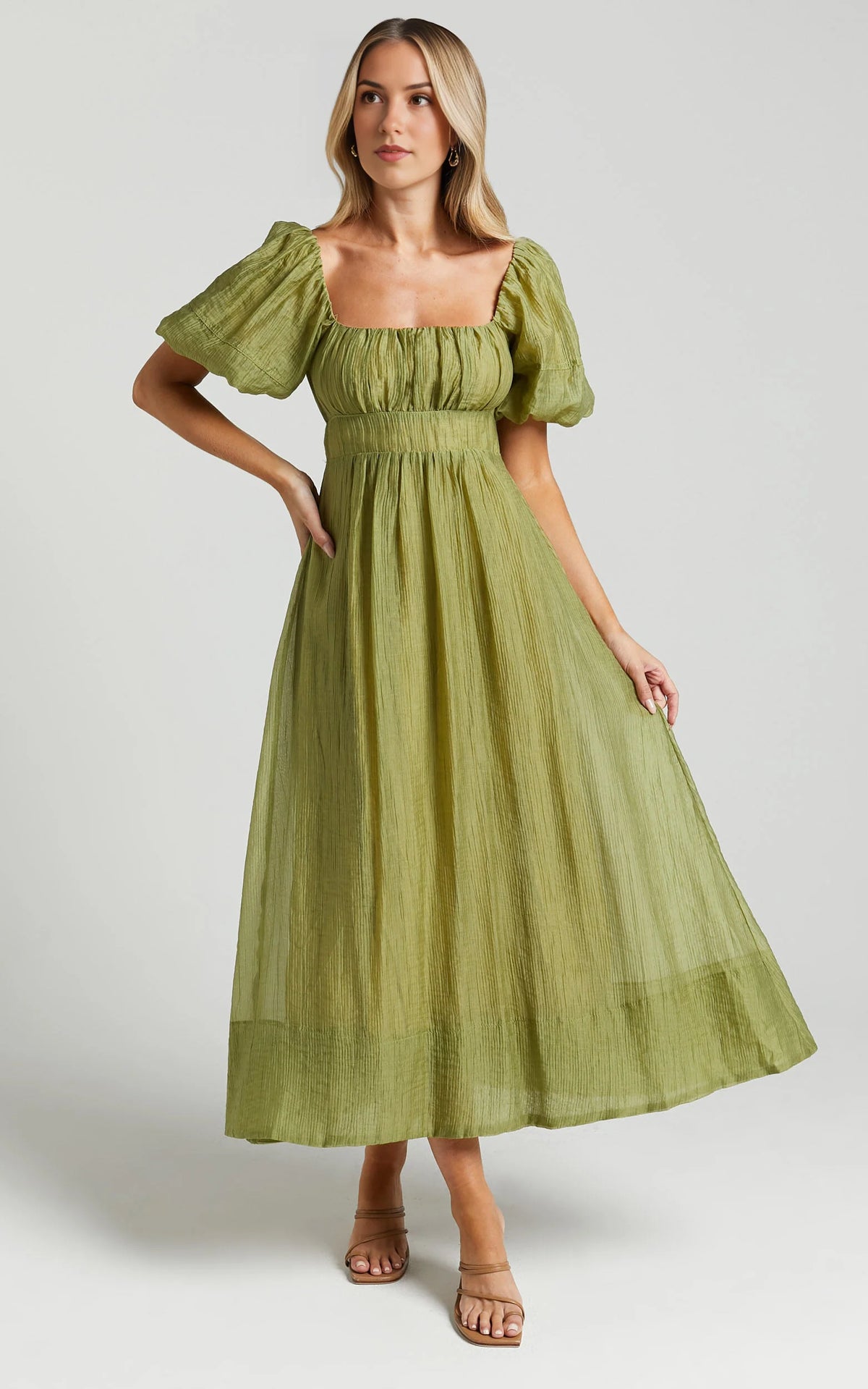 Roshina Midi Dress – Olive Straight Neck Puff Sleeve Dress